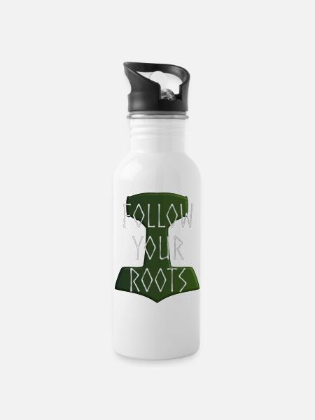 Follow your Roots - Hammer Donar Thor Mjölnir - Trinkflasche mit integriertem Trinkhalm - Weiß