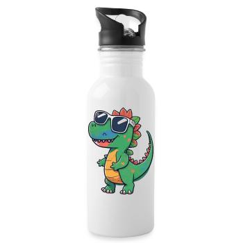 Kawaii Cute Happy Dinosaur with Sunglasses - Water bottle with straw - white - Right