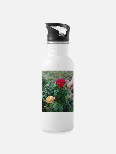 1 rose rouge et 1 jaune avec petite main - Gourde avec paille intégrée - blanc