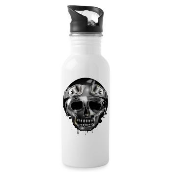 Chrome Skull with Retro Motorcycle Helmet and Goggles - Water bottle with straw - white - Right
