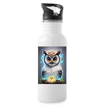 Süße Eule mit leichtender neon Aura & großen Augen - Trinkflasche mit integriertem Trinkhalm - Weiß - Rechts
