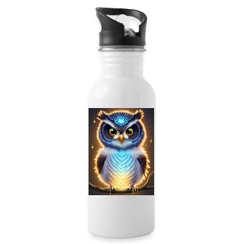 Süße Eule mit leichtender neon Aura & großen Augen - Trinkflasche mit integriertem Trinkhalm - Weiß - Rechts