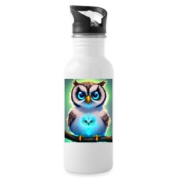 Süße Eule mit leichtender neon Aura & großen Augen - Trinkflasche mit integriertem Trinkhalm - Weiß - Rechts