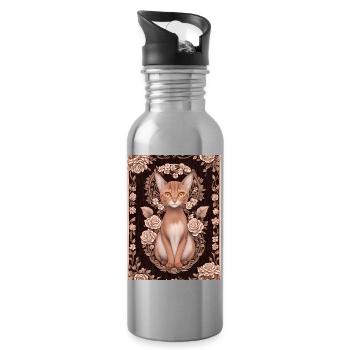 Gravure sur bois d’un chat avec des roses - Gourde avec paille intégrée - argent clair - Droite