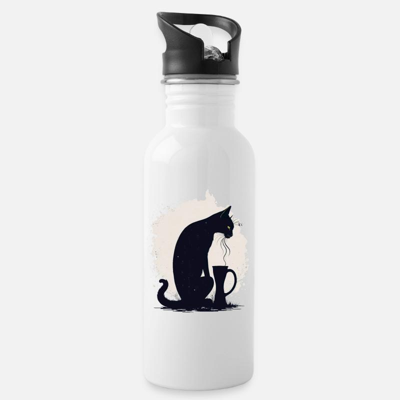 Black cat with coffee cup - Water bottle with straw - white