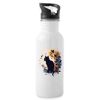 Große schwarze Katze - Trinkflasche mit integriertem Trinkhalm - Weiß - Rechts