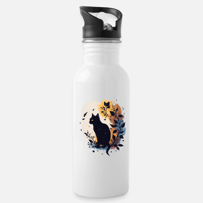 Große schwarze Katze - Trinkflasche mit integriertem Trinkhalm - Weiß