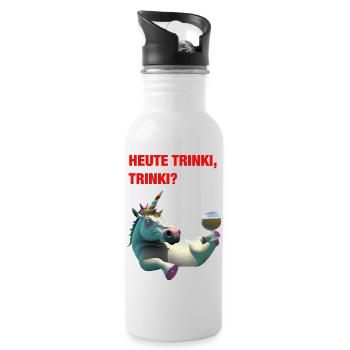 Betrunkenes Einhorn auf dem Rücken „HEUTE TRINKI?“ - Trinkflasche mit integriertem Trinkhalm - Weiß - Rechts