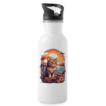 Retro Sunset Beach, Sonnenuntergangskatze am Meer - Trinkflasche mit integriertem Trinkhalm - Weiß - Rechts