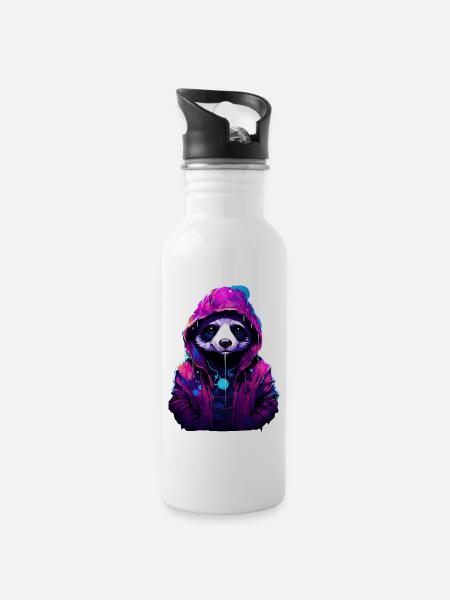 Panda mit Kapuze - Trinkflasche mit integriertem Trinkhalm - Weiß
