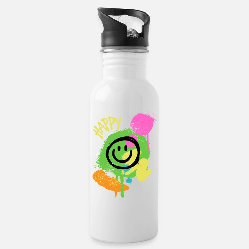 Graffiti Happy Smiley Éclaboussures de Couleur - Gourde avec paille intégrée - blanc