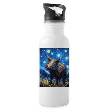 Wild Boar, Van Gogh, Starry Night, Animal - Water bottle with straw - white - Right