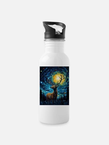 hirsch, van gogh, sternennacht, tier - Trinkflasche mit integriertem Trinkhalm - Weiß