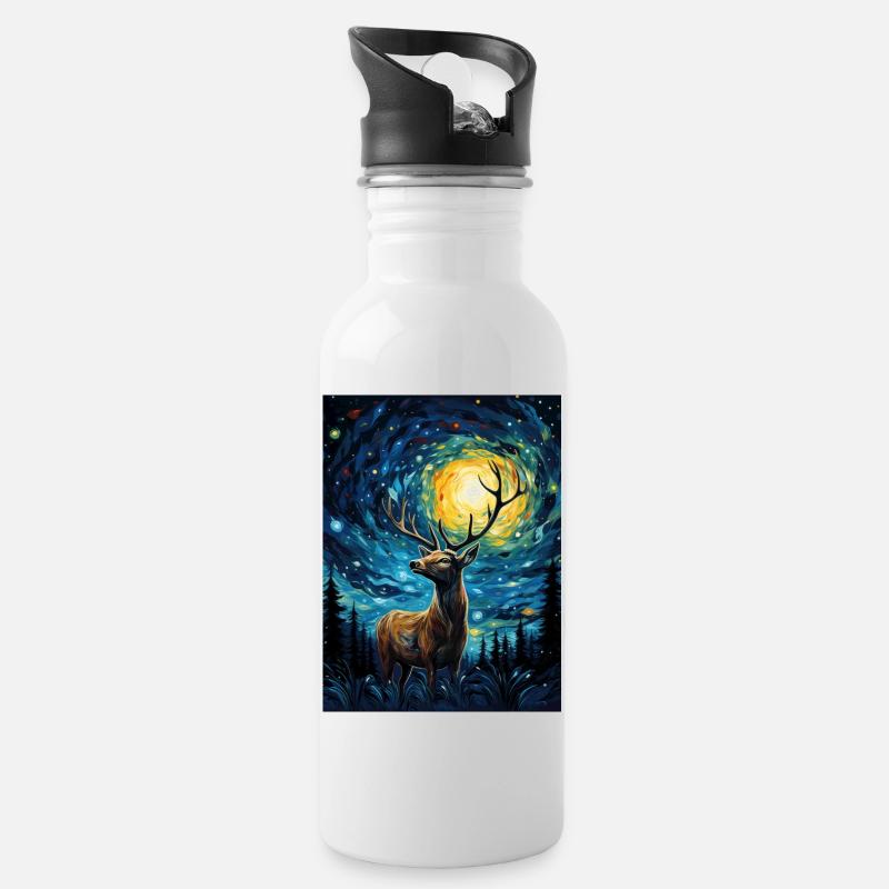 hirsch, van gogh, sternennacht, tier - Trinkflasche mit integriertem Trinkhalm - Weiß