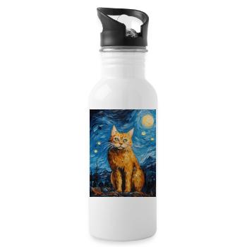 Lynx, Van Gogh, Nuit Étoilée, Animal, Gros Chat - Gourde avec paille intégrée - blanc - Droite