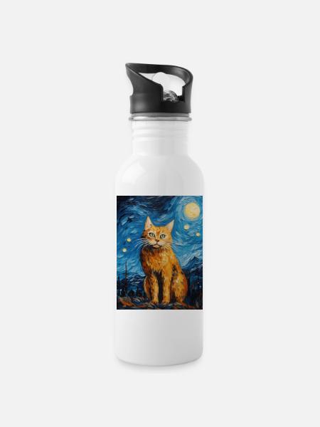 luchs, van gogh, sternennacht, tier, raubkatze - Trinkflasche mit integriertem Trinkhalm - Weiß