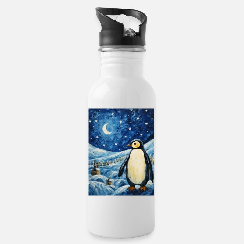 pinguin, van gogh, sternennacht, tier, vogel - Trinkflasche mit integriertem Trinkhalm - Weiß