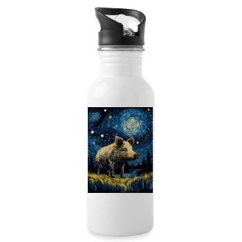 Sanglier, Van Gogh, Nuit Étoilée, Animal, Cochon - Gourde avec paille intégrée - blanc - Droite