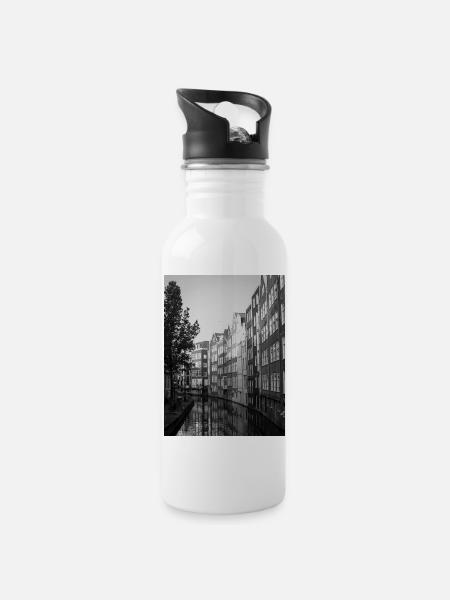 Amsterdam Kanal - Trinkflasche mit integriertem Trinkhalm - Weiß