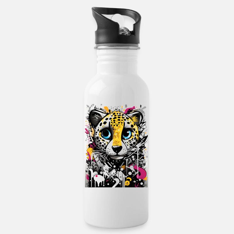 [MB] Hundeblick beim Leopard - Trinkflasche mit integriertem Trinkhalm - Weiß