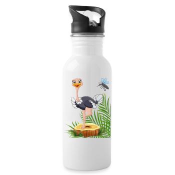 Whimsical Stork with Fly and Nature Elements - Water bottle with straw - white - Right