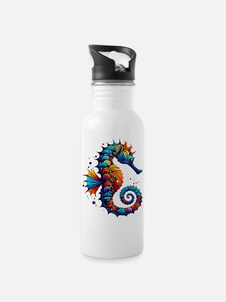 Seepferdchen - Trinkflasche mit integriertem Trinkhalm - Weiß