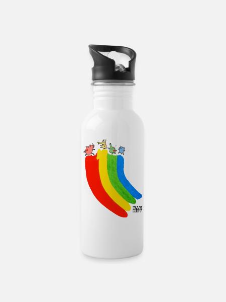 viele bunte Freunde - Trinkflasche mit integriertem Trinkhalm - Weiß