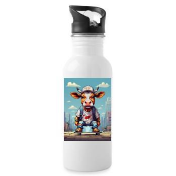 Comic Kuh auf Skateboard - Trinkflasche mit integriertem Trinkhalm - Weiß - Rechts