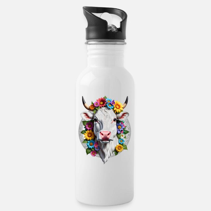 BLÜHENDE KUH - Trinkflasche mit integriertem Trinkhalm - Weiß