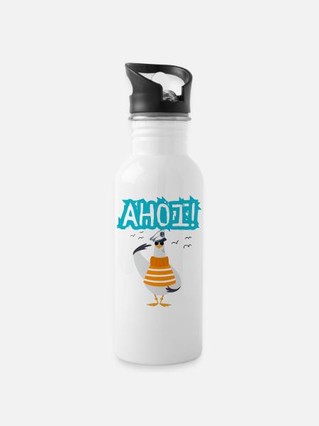 Ahoi - Möwe - Kapitän - Nordsee - Ostsee - Sea - Trinkflasche mit integriertem Trinkhalm - Weiß