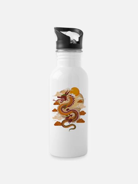 Chinese Dragon in Sunset - Water bottle with straw - white