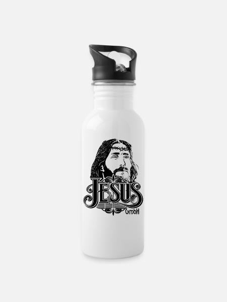 Jesus Head with Writing 2 - Water bottle with straw - white