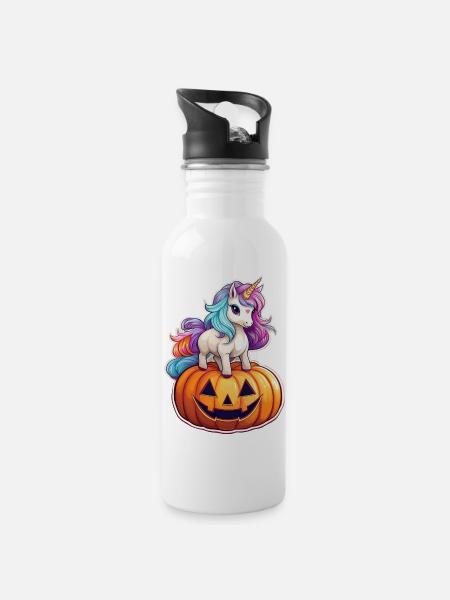 Halloween Unicorn Pumpkin Design - Water bottle with straw - white
