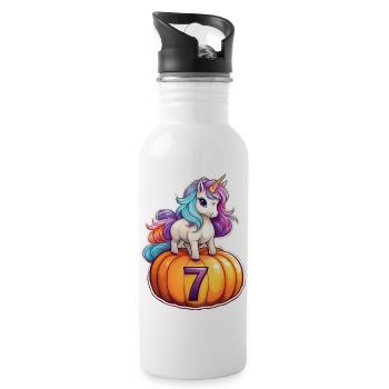 Einhorn Kürbis Herbst 7 – siebten Geburtstag - Trinkflasche mit integriertem Trinkhalm - Weiß - Rechts