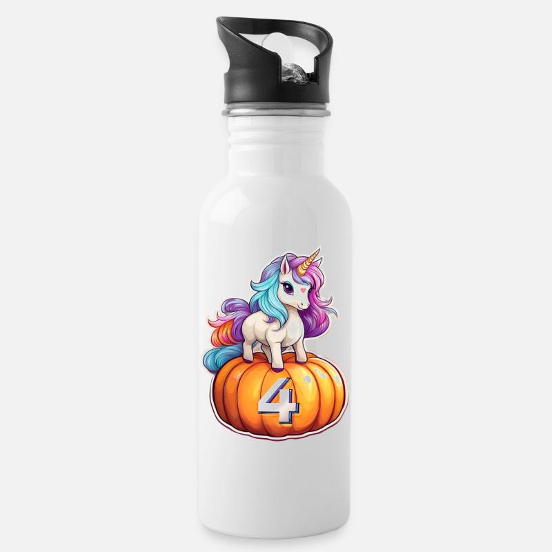 Einhorn Kürbis Herbst 4 –vierten Geburtstag - Trinkflasche mit integriertem Trinkhalm - Weiß