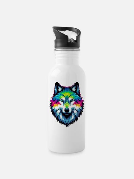 Wolf - Trinkflasche mit integriertem Trinkhalm - Weiß