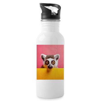 Pink and yellow lemur animal intense gaze art - Water bottle with straw - white - Right