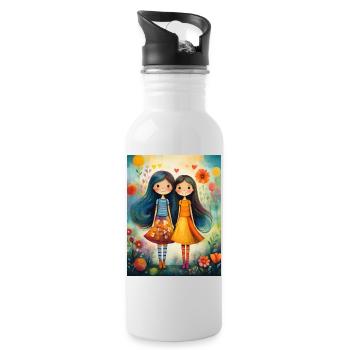 Smiling girls with floral décor - Water bottle with straw - white - Right