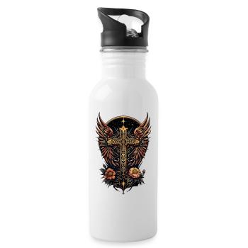 Ein Symbol der Stärke: Das verzierte Kreuz mit Flügeln - Trinkflasche mit integriertem Trinkhalm - Weiß - Rechts