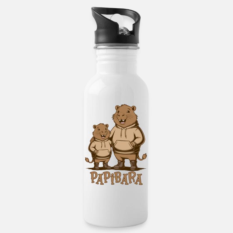 Papibara Papi Capybara Vater Lustig Papa Vatertag - Trinkflasche mit integriertem Trinkhalm - Weiß