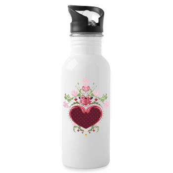 Heart with Flowers – Peasant Painting Inspired Design - Water bottle with straw - white - Right