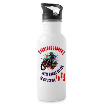 Einschulung 2025 - Achtung Lehrer - Motorrad - Trinkflasche mit integriertem Trinkhalm - Weiß - Rechts