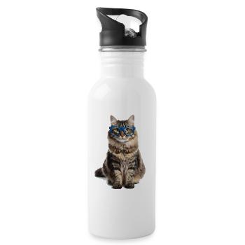 Getigerte Katze m blauer Brille – Good Pet Edition - Trinkflasche mit integriertem Trinkhalm - Weiß - Rechts