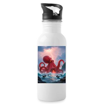 Akkorokamui, roter Oktopusgott des Ainu-Japanisch - Trinkflasche mit integriertem Trinkhalm - Weiß - Rechts