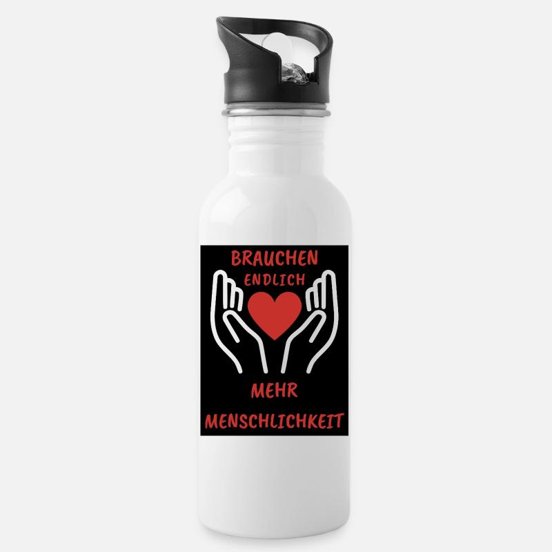 Herz- und Handdesign mit Botschaft - Trinkflasche mit integriertem Trinkhalm - Weiß