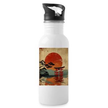 Serene Japanese Sunset Scene - Water bottle with straw - white - Right