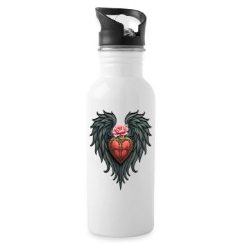 Heart with Wings and Pink Flower - Water bottle with straw - white - Right