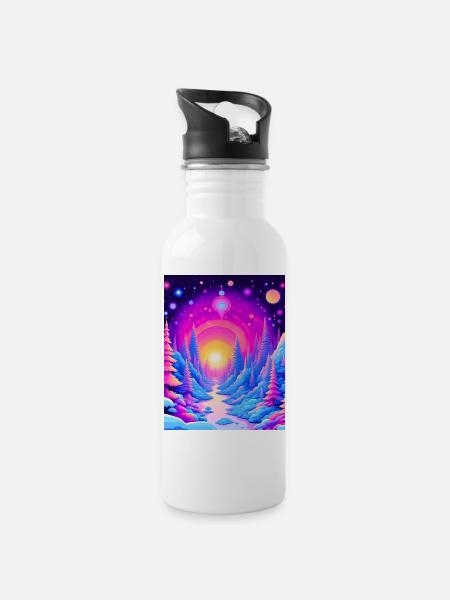 "Cosmic Forest Dreams – Neon Sunset Voyage" - Trinkflasche mit integriertem Trinkhalm - Weiß
