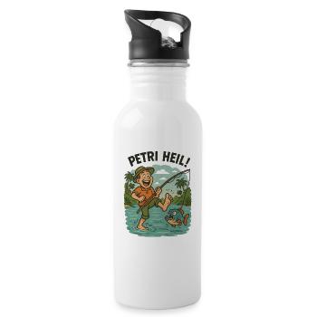 Petri Heil - oder der Piranha hängt am Zeh - Trinkflasche mit integriertem Trinkhalm - Weiß - Rechts