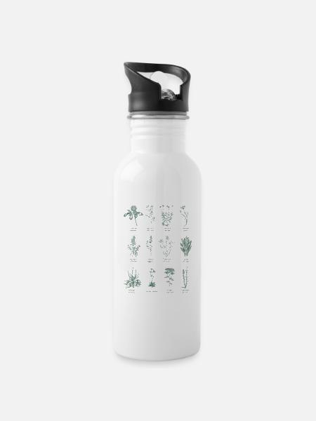 Botanische Wildkräuter Illustration -Waldgrün - Trinkflasche mit integriertem Trinkhalm - Weiß